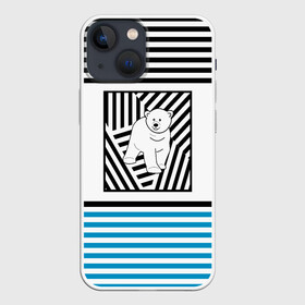 Чехол для iPhone 13 mini с принтом Белый медведь . в Рязани,  |  | белый медведь | детский | зима | медведь | новый год | полосатый узор | полосы | синий полосы | черные полосы