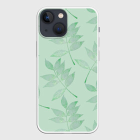 Чехол для iPhone 13 mini с принтом Зеленые листья на светло зеленом в Рязани,  |  | 8 марта | leaves | summer | ботаническая иллюстрация | весна | зеленый | лето | листья | любовь | праздник | принт | природа | растения
