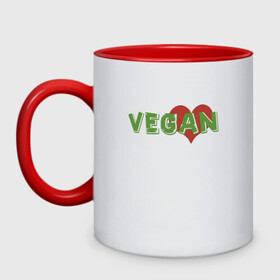 Кружка двухцветная с принтом Vegan Love в Рязани, керамика | объем — 330 мл, диаметр — 80 мм. Цветная ручка и кайма сверху, в некоторых цветах — вся внутренняя часть | green | greenpaece | love | vegan | yoga | веган | вегетарианец | гринпис | дерево | еда | животные | жизнь | здоровье | зеленый | йога | любовь | мир | овощи | пища | планета | природа | сердце | фрукты