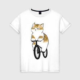 Женская футболка хлопок с принтом Котик на велосипеде в Рязани, 100% хлопок | прямой крой, круглый вырез горловины, длина до линии бедер, слегка спущенное плечо | арт | велосипед | ветер | кот | котёнок | кошка | милая кошка | милый кот | милый котёнок | отдых | отдыхает | пончик | рисунок