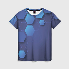 Женская футболка 3D с принтом Шестиугольники в Рязани, 100% полиэфир ( синтетическое хлопкоподобное полотно) | прямой крой, круглый вырез горловины, длина до линии бедер | геометрические фигуры | геометрия | линии | ромбы | синий фон | фигуры