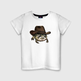 Детская футболка хлопок с принтом Дождевая лягушка в шляпе в Рязани, 100% хлопок | круглый вырез горловины, полуприлегающий силуэт, длина до линии бедер | cowboy | cowboy hat | desert rain frog | howdy meme | meme | дождевая лягушка | иллюстрация | ковбой | ковбойская шляпа | лягуха | мемы | настроение | недовольное лицо | прикольные картинки | рисунок | сердитая лягушка