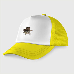 Детская кепка тракер с принтом Дождевая лягушка в шляпе в Рязани, Козырек - 100% хлопок. Кепка - 100% полиэстер, Задняя часть - сетка | универсальный размер, пластиковая застёжка | cowboy | cowboy hat | desert rain frog | howdy meme | meme | дождевая лягушка | иллюстрация | ковбой | ковбойская шляпа | лягуха | мемы | настроение | недовольное лицо | прикольные картинки | рисунок | сердитая лягушка
