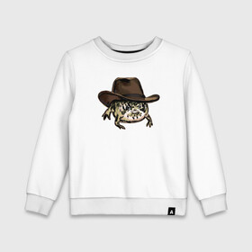 Детский свитшот хлопок с принтом Дождевая лягушка в шляпе в Рязани, 100% хлопок | круглый вырез горловины, эластичные манжеты, пояс и воротник | Тематика изображения на принте: cowboy | cowboy hat | desert rain frog | howdy meme | meme | дождевая лягушка | иллюстрация | ковбой | ковбойская шляпа | лягуха | мемы | настроение | недовольное лицо | прикольные картинки | рисунок | сердитая лягушка