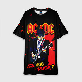 Детское платье 3D с принтом ARE YOU REDY? AC/DC в Рязани, 100% полиэстер | прямой силуэт, чуть расширенный к низу. Круглая горловина, на рукавах — воланы | ac dc | acdc | acdc ас дс | angus | back in black | highway to hell | mckinnon | you | австралийская | ангус янг | ас дс | асдс | блюз | в форме | гитара | группа | крис слэйд | метал | молния | музыка | певец | рок | рок н ролл | стиви янг