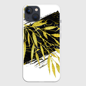 Чехол для iPhone 13 с принтом Абстракция с золотыми листьями в Рязани,  |  | абстрактный | абстракция | белый | графика | золотистый | золото | золотой | крупная | крупный | листва | листики | листья | мазки | черный
