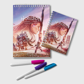 Блокнот с принтом Элой Horizon Forbidden West DE в Рязани, 100% бумага | 48 листов, плотность листов — 60 г/м2, плотность картонной обложки — 250 г/м2. Листы скреплены удобной пружинной спиралью. Цвет линий — светло-серый
 | Тематика изображения на принте: aloy | bow | dinosaur | games | horizon forbidden west | hunt | nextgen | playstation 5 | ps5 | robot | zero dawn | горизонт | динозавр | запретный запад | игры | лук | некстген | нулевой рассвет | охота | плейстейшен 5 | пс5 | робот | элой