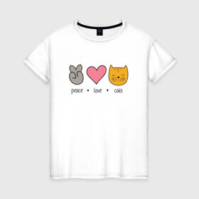 Женская футболка хлопок с принтом PEACE LOVE CATS (Z) в Рязани, 100% хлопок | прямой крой, круглый вырез горловины, длина до линии бедер, слегка спущенное плечо | cat | cats | love | lovers | peace | кот | коты | любить | любовь | мир | хипи | хиппи