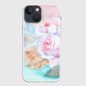 Чехол для iPhone 13 mini с принтом Нежная акварель с розами в Рязани,  |  | акварель | акварельный | женственный | листья | нежная | нежный | пастель | пастельный | роза | розы | цветочный | цветы