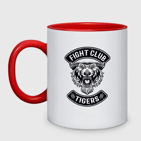 Кружка двухцветная с принтом Fight Club Tigers в Рязани, керамика | объем — 330 мл, диаметр — 80 мм. Цветная ручка и кайма сверху, в некоторых цветах — вся внутренняя часть | 2022 | animal | cat | fight club | lion | mma | tiger | ufc | боец | год тигра | единоборства | животные | зверь | зубы | кот | кошка | лев | охотник | полосатый | природа | спорт | тигр | тигренок | тигрица | хищник