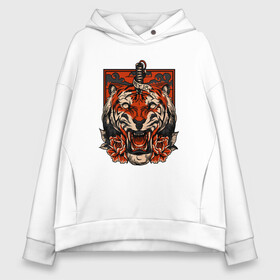 Женское худи Oversize хлопок с принтом Red Tiger в Рязани, френч-терри — 70% хлопок, 30% полиэстер. Мягкий теплый начес внутри —100% хлопок | боковые карманы, эластичные манжеты и нижняя кромка, капюшон на магнитной кнопке | 2022 | animal | cat | lion | tiger | год тигра | животные | зверь | зубы | кот | кошка | лев | охотник | полосатый | природа | тигр | тигренок | тигрица | хищник