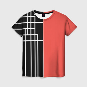Женская футболка 3D с принтом Черный и коралловый арт деко в Рязани, 100% полиэфир ( синтетическое хлопкоподобное полотно) | прямой крой, круглый вырез горловины, длина до линии бедер | абстрактный | арт | арт деко | белые полосы | геометрический | модный | молодежный | полосы | современный | черный и коралловый