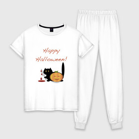 Женская пижама хлопок с принтом Happy Halloween! в Рязани, 100% хлопок | брюки и футболка прямого кроя, без карманов, на брюках мягкая резинка на поясе и по низу штанин | halloween | hallowin | hellowin | котик | страшилка | тыква | хэллоувин