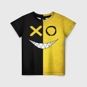 Детская футболка 3D с принтом Yellow and black smile в Рязани, 100% гипоаллергенный полиэфир | прямой крой, круглый вырез горловины, длина до линии бедер, чуть спущенное плечо, ткань немного тянется | emoji | smile | глаза крестики | злой смайл | злой смайлик | зубы | контраст | крестики | подарок | пятна | смайл | смайлик | улыбка | эмоджи | эмоция