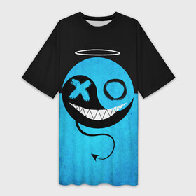 Платье-футболка 3D с принтом Smail Blue в Рязани,  |  | emoji | smile | глаза крестики | злой смайл | злой смайлик | зубы | контраст | крестики | подарок | пятна | смайл | смайлик | улыбка | эмоджи | эмоция