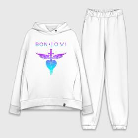 Женский костюм хлопок Oversize с принтом BON JOVI NEON LOGO HEART в Рязани,  |  | bon jovi | have a nice day | john | альбом | арена | бон | бон джови | глэм | группа | джови | джон | метал | музыка | надпись | песни | поп | попрок | рок | рокер | смайл | солист | софт | стена | хард | хеви | хевиметал