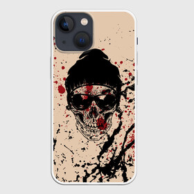 Чехол для iPhone 13 mini с принтом Череп Хипстер Брызги Краски в Рязани,  |  | head | hipster | skulls | бежевый | брызги | в шапке | голова | зубы | кости | краски | кровь | очки | паттерн | скелет | текстура | точки | узор | черепа | черный