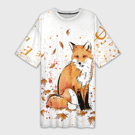 Платье-футболка 3D с принтом ЛИСА В ЛИСТЬЯХ  ОСЕННЕЕ НАСТРОЕНИЕ  FOX IN THE FOREST в Рязани,  |  | autumn | forest | fox | животные | звери | лес | лиса | листья | музыка | ноты | осень | песни | природа