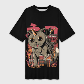 Платье-футболка 3D с принтом АНИМЕ КОТ ЕДИНОРОЖЕК в Рязани,  |  | anime | cat | city | japan | manga | unicorn | аниме | великан | город | единорог | звери | кот | котик | манга | милый | монстр | пушистый | япония