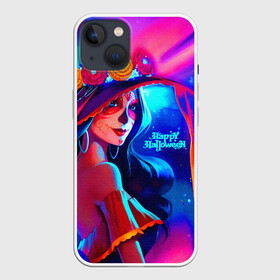 Чехол для iPhone 13 с принтом Неоновая ведьма в Рязани,  |  | big hat | bright colors | day of the dead | flowers | girl | happy halloween | neon light | skull makeup | witch | большая шляпа | ведьма | девушка | день мертвых | макияж череп | неоновый свет | праздник | хэллоуин | цветы | яркие краски