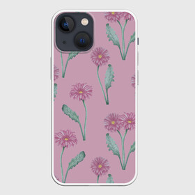 Чехол для iPhone 13 mini с принтом Розовые герберы на розовом фоне в Рязани,  |  | botanical illustration | flowers | gerberas | green | nature | pink | plants | print | spring | summer