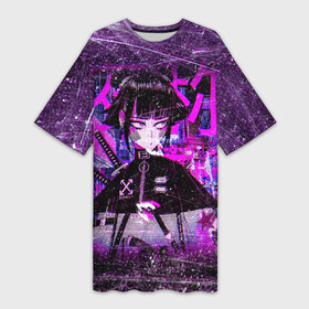 Платье-футболка 3D с принтом Cyberpunk Samurai Anime в Рязани,  |  | 2077 | anime | cyberpunk | girl | grunge | japan | neon | pink | аниме | анимэ | гранж | девочка | девушка | игра | иероглифы | киберпанк | мульт | неон | неоновый | офф вайт | полосы | потертости | самурай | символ | тян | узоры | я