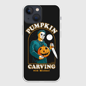 Чехол для iPhone 13 mini с принтом Резьба по тыкве с Майклом в Рязани,  |  | carving | ghost | halloween | jack | killer | lamp | michael | monster | moon | myers | night | pumpkin | retro | джека | луна | майерс | майкл | монстр | ночь | по | призраки | резьба | ретро | светильник | тыква | тыкве