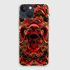 Чехол для iPhone 13 mini с принтом Череп красного демона в Рязани,  |  | gold | halloween | happy halloween | holiday | horns of satan | ornament | patterns | red skull | золото | красный череп | орнамент | праздник | рога сатаны | узоры | хэллоуин