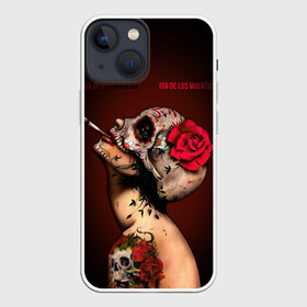 Чехол для iPhone 13 mini с принтом Ведьма с красной розой в Рязани,  |  | body art | cigarette | day of the dead | halloween | happy halloween | holiday | nude witch | profile | red rose | skull | tattoo | боди арт | день мертвых | красная роза | обнаженная ведьма | праздник | профиль | тату | хэллоуин