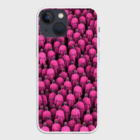 Чехол для iPhone 13 mini с принтом Охранники игры в кальмара в Рязани,  |  | Тематика изображения на принте: squid game | игра в кальмара | комбинезон | маска | надсмотрщик | охранник | розовый | толпа