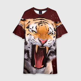 Детское платье 3D с принтом Тигр красавчик сердится в Рязани, 100% полиэстер | прямой силуэт, чуть расширенный к низу. Круглая горловина, на рукавах — воланы | 2022 | aggressive | angry | fangs | new year | open mouth | predator | tiger | year of the tiger | агрессивный | год тигра | клыки | новый год | открытая пасть | сердитый | тигр | хищник