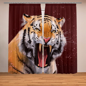 Фотошторы с принтом Тигр красавчик сердится в Рязани, Блэкаут (светозащита 90%) / Габардин (светозащита 40% | 2 полотна шириной по 145 см; Высота 200-300 см; Крепление: шторная лента (на крючки); | 2022 | aggressive | angry | fangs | new year | open mouth | predator | tiger | year of the tiger | агрессивный | год тигра | клыки | новый год | открытая пасть | сердитый | тигр | хищник