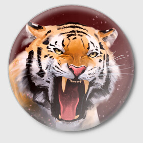 Значок с принтом Тигр красавчик сердится в Рязани,  металл | круглая форма, металлическая застежка в виде булавки | 2022 | aggressive | angry | fangs | new year | open mouth | predator | tiger | year of the tiger | агрессивный | год тигра | клыки | новый год | открытая пасть | сердитый | тигр | хищник