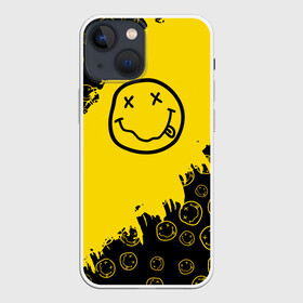 Чехол для iPhone 13 mini с принтом Nirvana Smile | Нирвана Рваный Паттерн в Рязани,  |  | album | curt | grunge | kobain | logo | music | nevermind | nirvana | pattern | rock | smells like | smile | teen spirit | альбом | брызги | гитара | гранж | курт кобейн | логотип | музыка | невермайнд | нирвана | паттерн | потертости | рок | сма