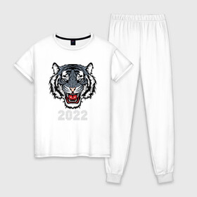 Женская пижама хлопок с принтом Голубой водяной тигр 2022 в Рязани, 100% хлопок | брюки и футболка прямого кроя, без карманов, на брюках мягкая резинка на поясе и по низу штанин | 2022 | beast | fangs | merry christmas | new year | predator | stars | stern grin | water tiger | year of the tiger | водяной тигр | год тигра | звезды | зверь | клыки | новый год | суровый оскал | хищник