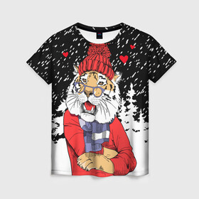 Женская футболка 3D с принтом Тигр в красном в Рязани, 100% полиэфир ( синтетическое хлопкоподобное полотно) | прямой крой, круглый вырез горловины, длина до линии бедер | Тематика изображения на принте: 2022 | fir forest | happy new year | hearts | merry christmas | red hat | santa claus | scarf | snow | tiger | year of the tiger | год тигра | еловый лес | красная шапка | новый год | очки | рождество | санта клаус | сердца | снег | тигр | шарф