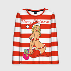 Женский лонгслив 3D с принтом Sexy Merry Christmas в Рязани, 100% полиэстер | длинные рукава, круглый вырез горловины, полуприлегающий силуэт | Тематика изображения на принте: bikini | gift boxes | girl | happy new year | merry christmas | red cap | santa claus | snow maiden | бикини | девушка | коробки подарки | красная шапка колпак | новый год | рождество | санта клаус | снег