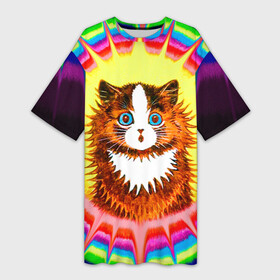 Платье-футболка 3D с принтом Psychedelic Rainbow Cat в Рязани,  |  | benedict cumberbatch | louis wain | louis wains cats | psychedelic rainbow cat | the electrical life | антропоморфный | бенедикт камбербэтч | известный художник | кошачьи миры луиса уэйна | луис вэйн | луис уэйн | радуга | радужный кот