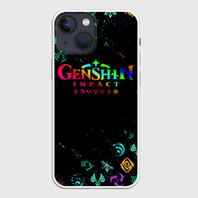 Чехол для iPhone 13 mini с принтом GENSHIN IMPACT NEON LOGO RAINBOW STYLE, ЭМБЛЕМЫ в Рязани,  |  | amber | anime | genshin impact | girl | jean | lisa | paimon | xiao | zelda | анемо | аниме | геншен импакт | геншин импакт | геншин эмпакт | геншинимпакт | девушка | игры | кли | лиза | паймон | пеймон | персонажи | сяо | тян