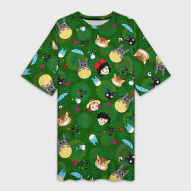 Платье-футболка 3D с принтом Totoro Kiki ALLSTARS в Рязани,  |  | ambrella | anime | catbus | dzidzi | ghibli | kiki | may | sacki | susuwatari | totoro | witch | аниме | ведьма | дзидзи | зонтик | кики | кот | котобус | мэй | сацки | сусуватари | тоторо