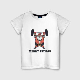 Детская футболка хлопок с принтом Merry Fitmas в Рязани, 100% хлопок | круглый вырез горловины, полуприлегающий силуэт, длина до линии бедер | Тематика изображения на принте: art | barbell | christmas | drawing | fitness | new year | santa | santa claus | sport | арт | новый год | рисунок | рождество | санта | санта клаус | спорт | фитнес | штанга