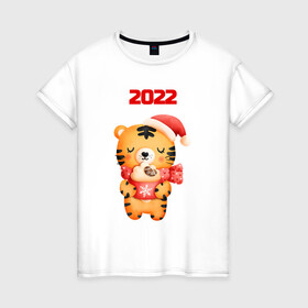 Женская футболка хлопок с принтом Праздничный тигренок 2022 в Рязани, 100% хлопок | прямой крой, круглый вырез горловины, длина до линии бедер, слегка спущенное плечо | 2022 | год тигра | новый год | новый год 2022 | символ года | тигр | тигренок | тигрица | тигры