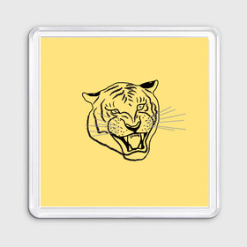 Магнит 55*55 с принтом тигр на золотом фоне в Рязани, Пластик | Размер: 65*65 мм; Размер печати: 55*55 мм | art line | chinese calendar | contour | golden | head | mascot | muzzle | new year | symbol | tiger | year of the tiger | арт лайн | год тигра | голова | золотой | китайский календарь | контур | новогодний | новый год | символ | талисман | тигр
