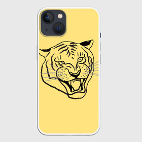 Чехол для iPhone 13 с принтом тигр на золотом фоне в Рязани,  |  | art line | chinese calendar | contour | golden | head | mascot | muzzle | new year | symbol | tiger | year of the tiger | арт лайн | год тигра | голова | золотой | китайский календарь | контур | новогодний | новый год | символ | талисман | тигр