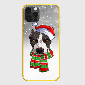Чехол для iPhone 12 Pro с принтом Новогодний Питбуль   New Years Pit bull в Рязани, силикон | область печати: задняя сторона чехла, без боковых панелей | christmas | dog | pit bull | santa | дед мороз | зима | новый год | питбуль | рождество | санта | снег | снежинка | собака | собачка | щенок