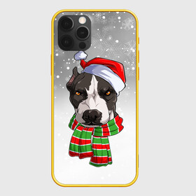 Чехол для iPhone 12 Pro с принтом Новогодний Питбуль   New Years Pit bull в Рязани, силикон | область печати: задняя сторона чехла, без боковых панелей | Тематика изображения на принте: christmas | dog | pit bull | santa | дед мороз | зима | новый год | питбуль | рождество | санта | снег | снежинка | собака | собачка | щенок