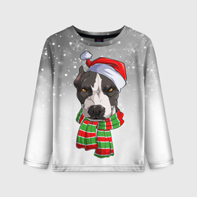 Детский лонгслив 3D с принтом Новогодний Питбуль   New Years Pit bull в Рязани, 100% полиэстер | длинные рукава, круглый вырез горловины, полуприлегающий силуэт
 | christmas | dog | pit bull | santa | дед мороз | зима | новый год | питбуль | рождество | санта | снег | снежинка | собака | собачка | щенок