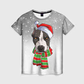 Женская футболка 3D с принтом Новогодний Питбуль   New Years Pit bull в Рязани, 100% полиэфир ( синтетическое хлопкоподобное полотно) | прямой крой, круглый вырез горловины, длина до линии бедер | christmas | dog | pit bull | santa | дед мороз | зима | новый год | питбуль | рождество | санта | снег | снежинка | собака | собачка | щенок