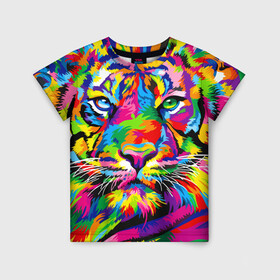 Детская футболка 3D с принтом Тигр в стиле поп арт в Рязани, 100% гипоаллергенный полиэфир | прямой крой, круглый вырез горловины, длина до линии бедер, чуть спущенное плечо, ткань немного тянется | 2022 | art | beast | mosaic | multicolored head | new year | pop art | predator | rainbow | tiger | year of the tiger | год тигра | зверь | искусство | мозаика | новый год | радужный | разноцветная голова | тигр | хищник