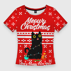 Женская футболка 3D Slim с принтом MEOW  CHRISTMAS в Рязани,  |  | 2020 | 2021 | 2022 | christmas | meow | meowy christmas | merry | кот | леденец | мяу | нг | новогодний | новый год | олени | рождество | свитер | узоры